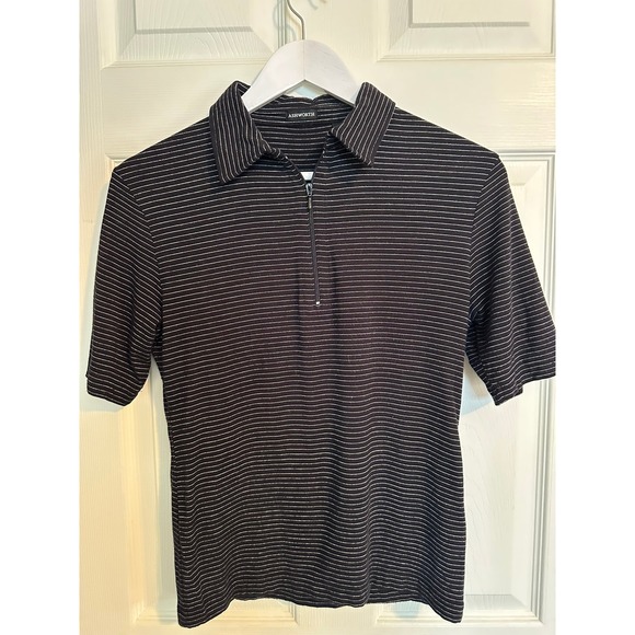 Ashworth Tops - Ashworth Womens Black White Striped Quarter Zip Short Sleeve Golf Polo Shirt Med